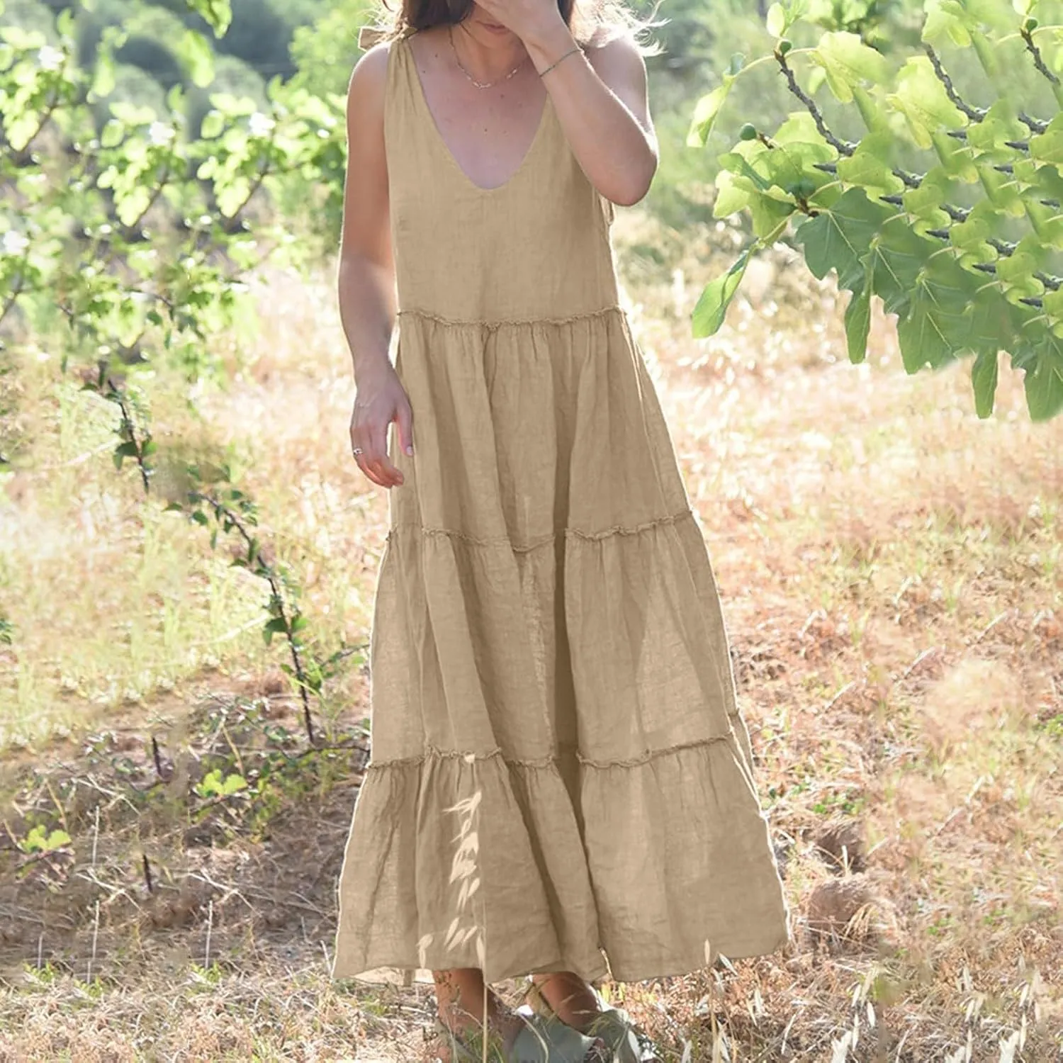 Women Linen Dress Summer Sleeveless Maxi Dresses Spaghetti Strap Flowy Dress Boho Beach Long Dresses Casual Sundress