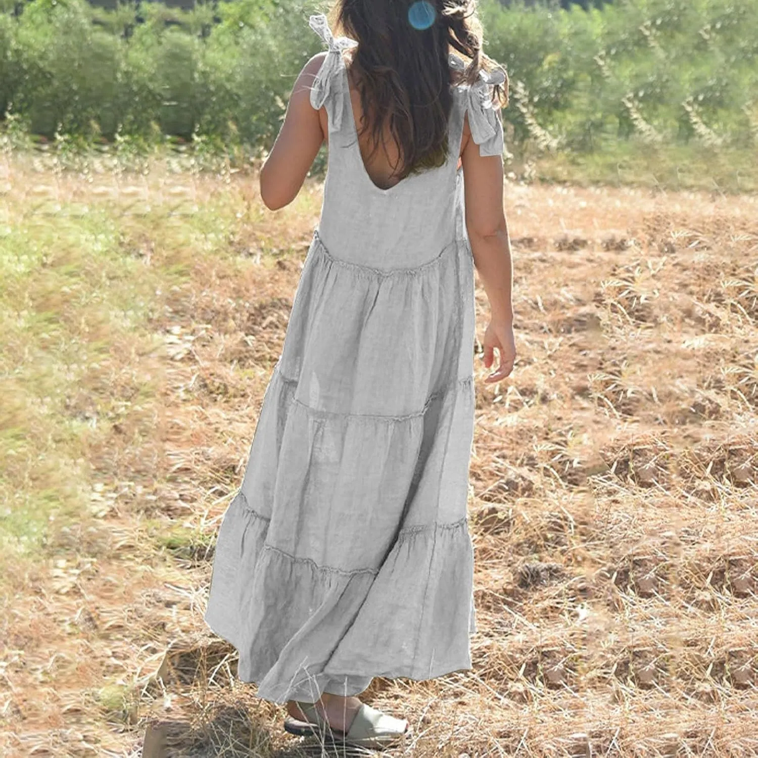 Women Linen Dress Summer Sleeveless Maxi Dresses Spaghetti Strap Flowy Dress Boho Beach Long Dresses Casual Sundress