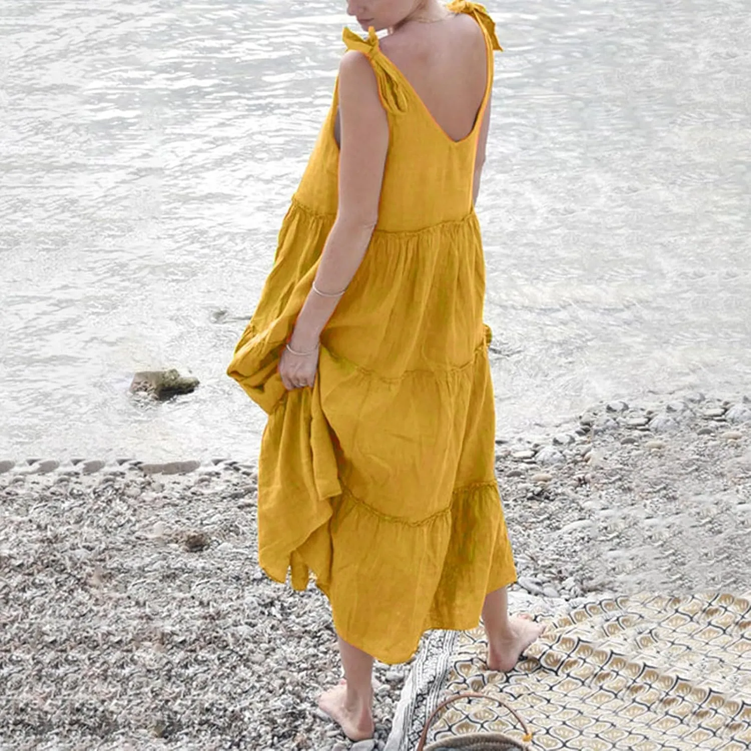 Women Linen Dress Summer Sleeveless Maxi Dresses Spaghetti Strap Flowy Dress Boho Beach Long Dresses Casual Sundress