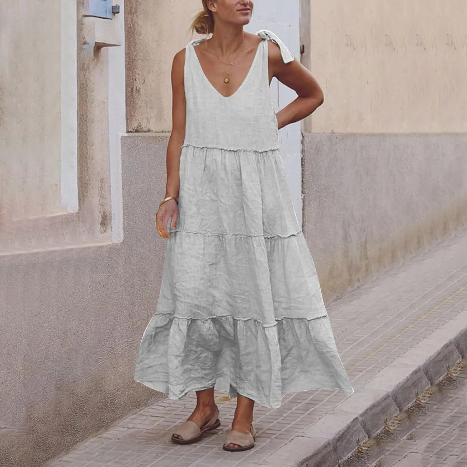 Women Linen Dress Summer Sleeveless Maxi Dresses Spaghetti Strap Flowy Dress Boho Beach Long Dresses Casual Sundress