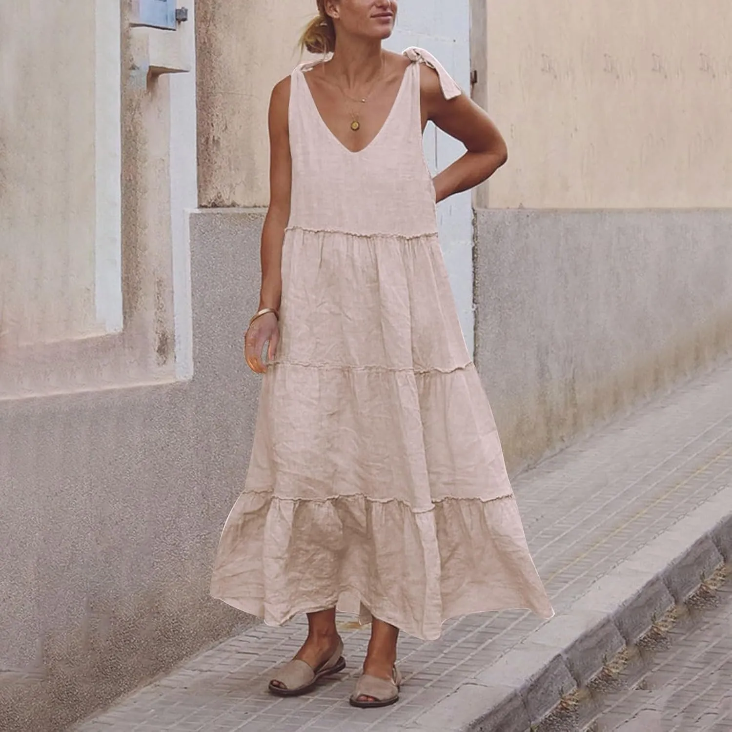 Women Linen Dress Summer Sleeveless Maxi Dresses Spaghetti Strap Flowy Dress Boho Beach Long Dresses Casual Sundress