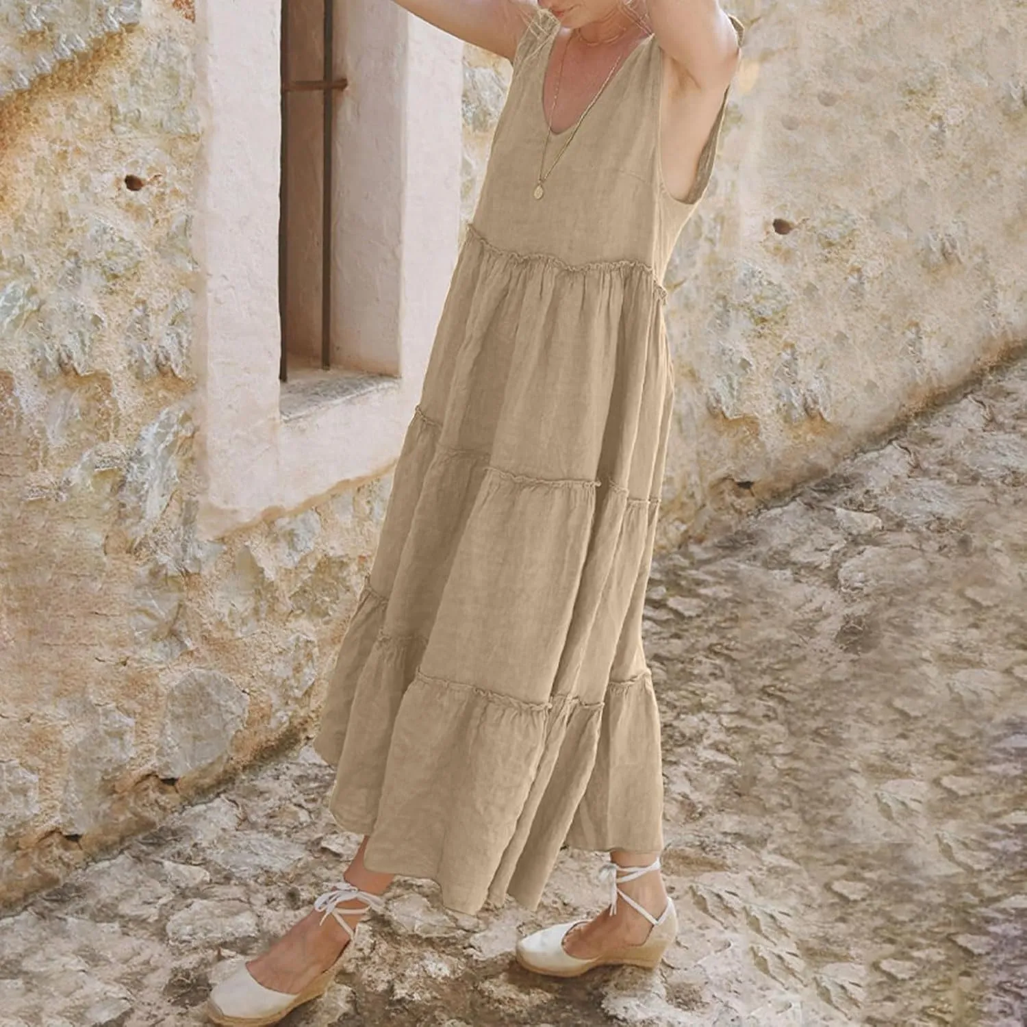 Women Linen Dress Summer Sleeveless Maxi Dresses Spaghetti Strap Flowy Dress Boho Beach Long Dresses Casual Sundress
