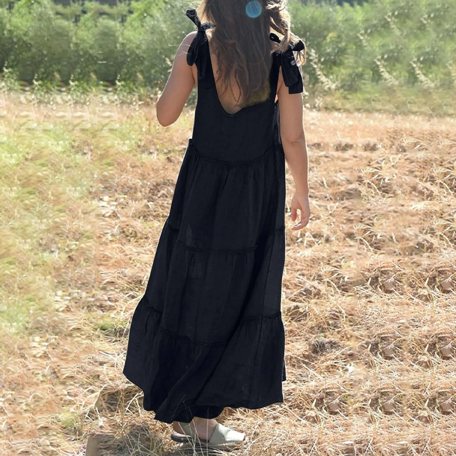 Women Linen Dress Summer Sleeveless Maxi Dresses Spaghetti Strap Flowy Dress Boho Beach Long Dresses Casual Sundress