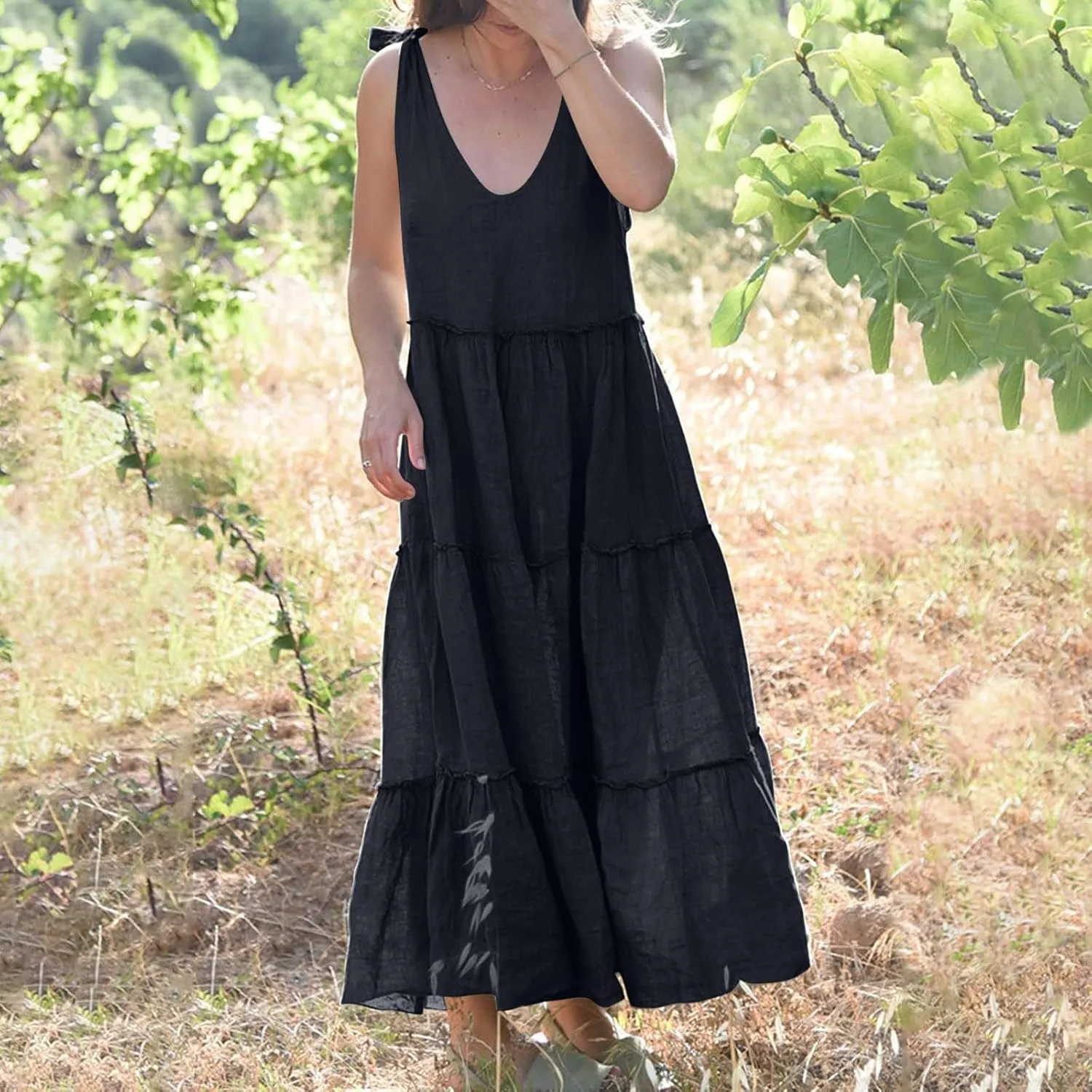 Women Linen Dress Summer Sleeveless Maxi Dresses Spaghetti Strap Flowy Dress Boho Beach Long Dresses Casual Sundress