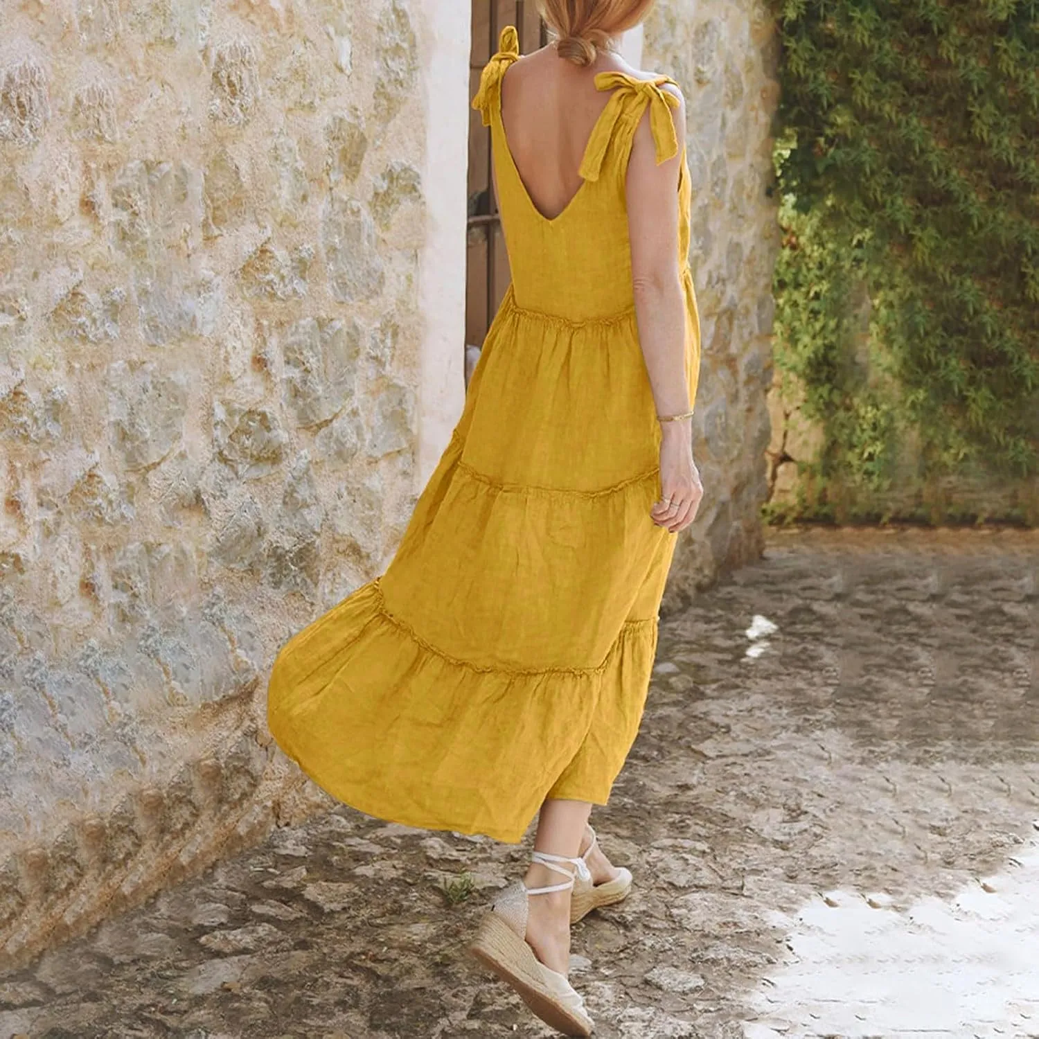 Women Linen Dress Summer Sleeveless Maxi Dresses Spaghetti Strap Flowy Dress Boho Beach Long Dresses Casual Sundress