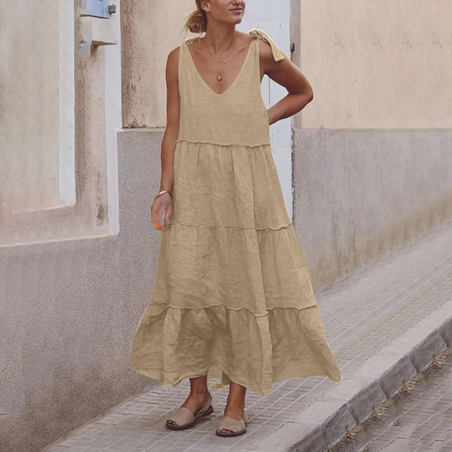 Women Linen Dress Summer Sleeveless Maxi Dresses Spaghetti Strap Flowy Dress Boho Beach Long Dresses Casual Sundress