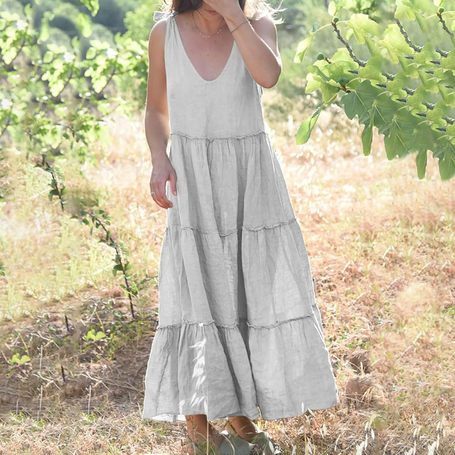Women Linen Dress Summer Sleeveless Maxi Dresses Spaghetti Strap Flowy Dress Boho Beach Long Dresses Casual Sundress