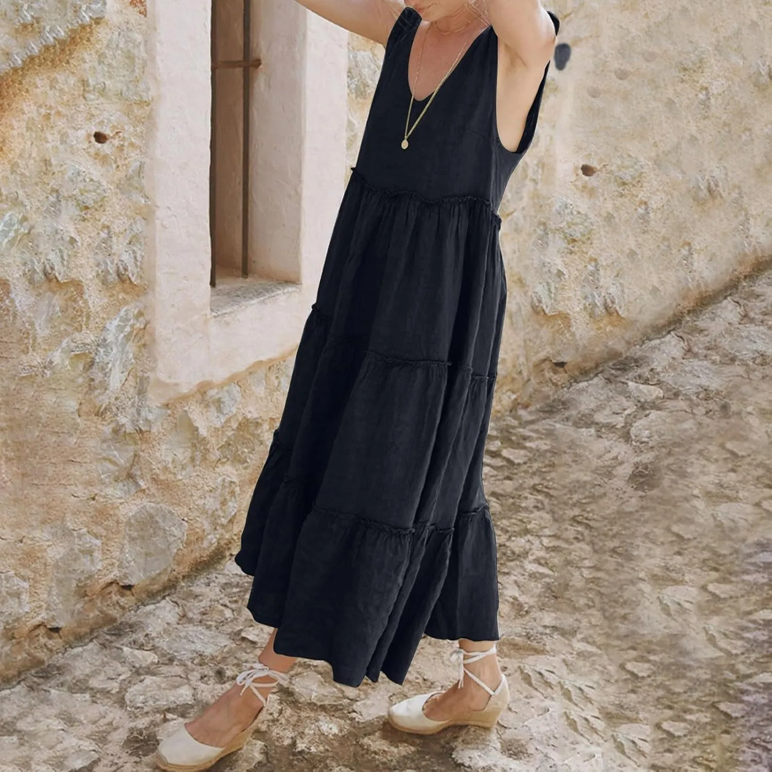 Women Linen Dress Summer Sleeveless Maxi Dresses Spaghetti Strap Flowy Dress Boho Beach Long Dresses Casual Sundress
