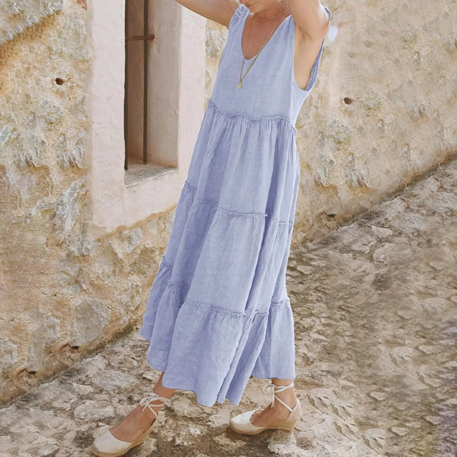 Women Linen Dress Summer Sleeveless Maxi Dresses Spaghetti Strap Flowy Dress Boho Beach Long Dresses Casual Sundress