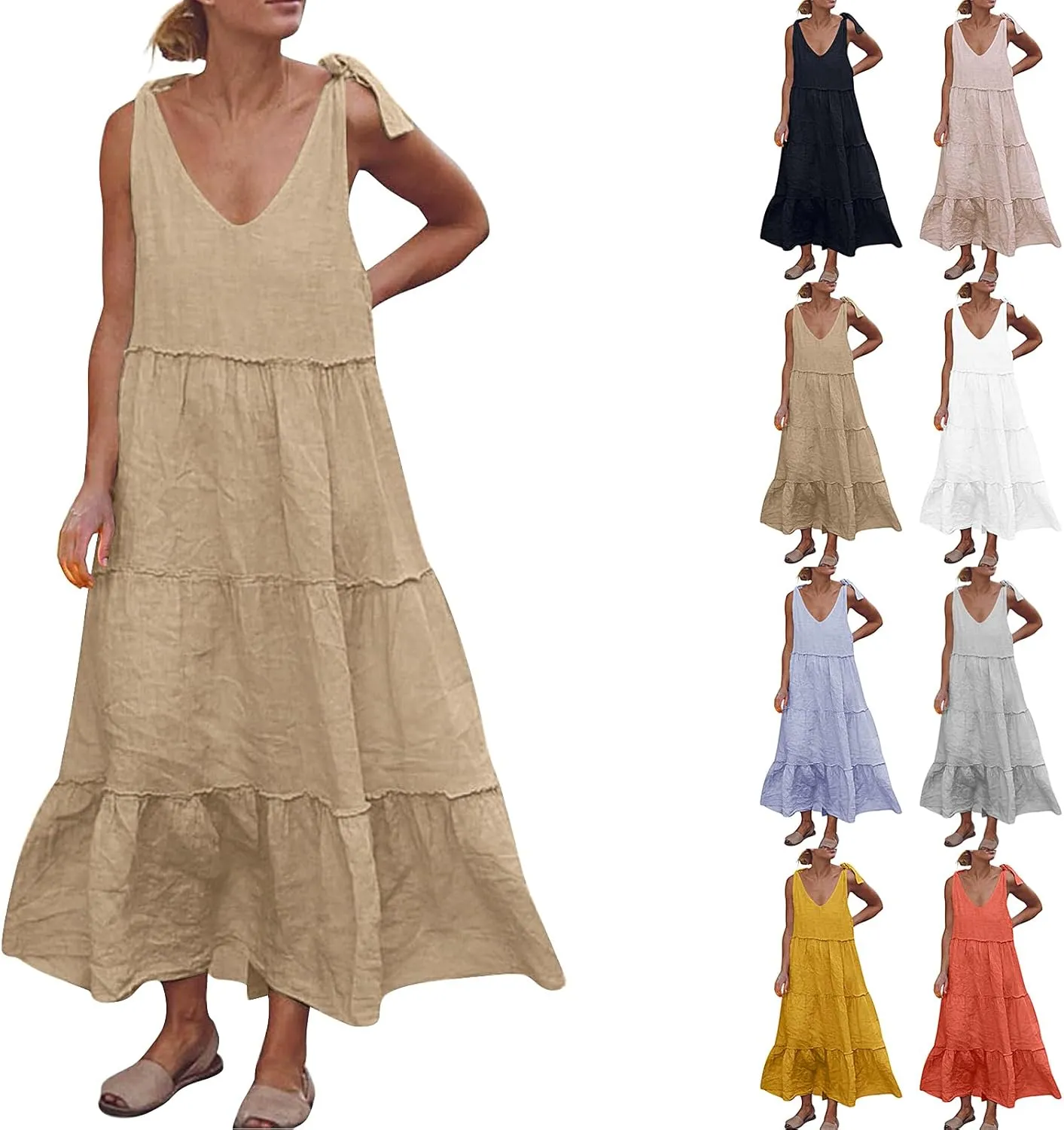 Women Linen Dress Summer Sleeveless Maxi Dresses Spaghetti Strap Flowy Dress Boho Beach Long Dresses Casual Sundress