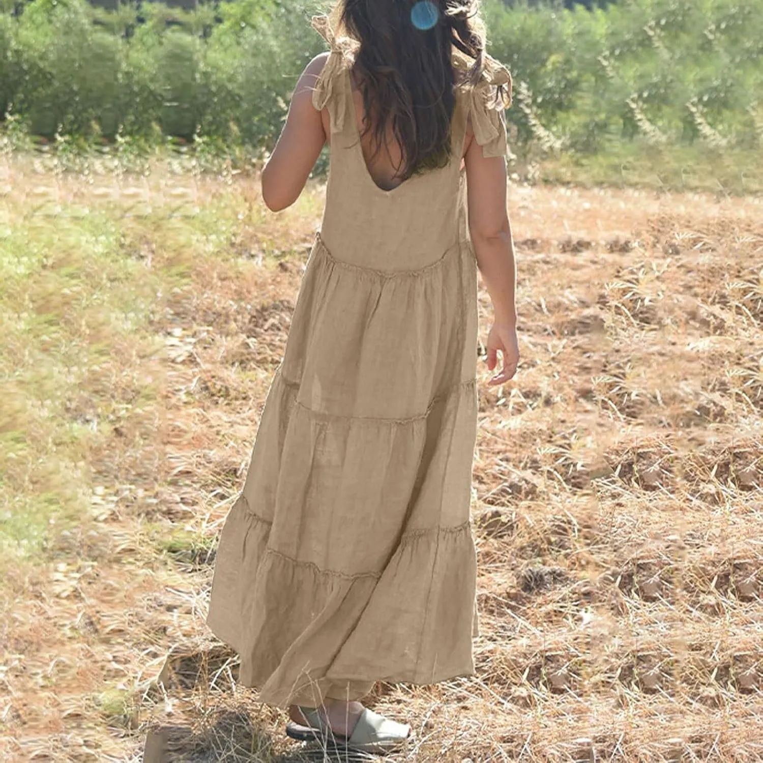 Women Linen Dress Summer Sleeveless Maxi Dresses Spaghetti Strap Flowy Dress Boho Beach Long Dresses Casual Sundress