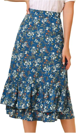 Women Midi Skirt Summer Floral Flowy Long Skirts Boho Elastic High Waist A-Line Swing Skirts Beach Vacation Dress