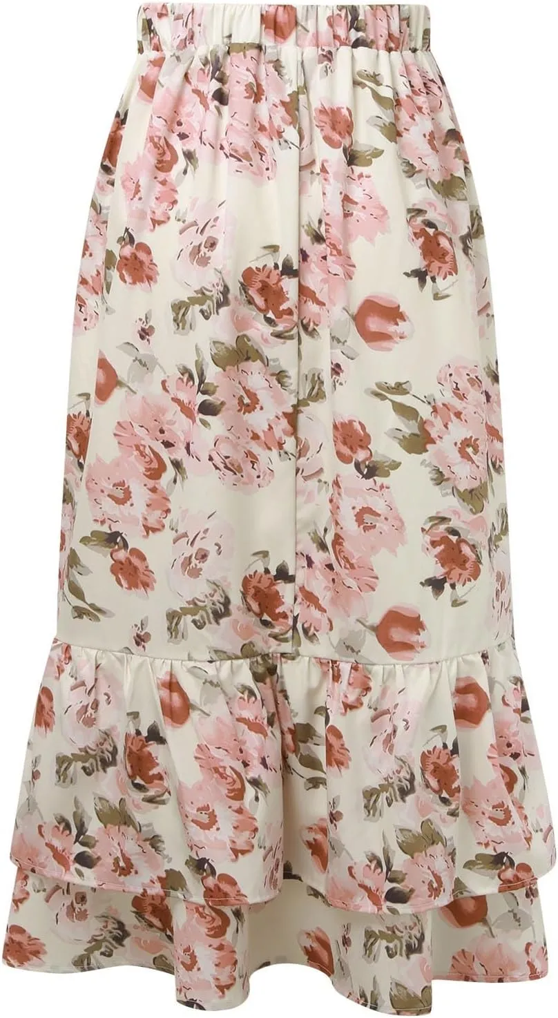 Women Midi Skirt Summer Floral Flowy Long Skirts Boho Elastic High Waist A-Line Swing Skirts Beach Vacation Dress