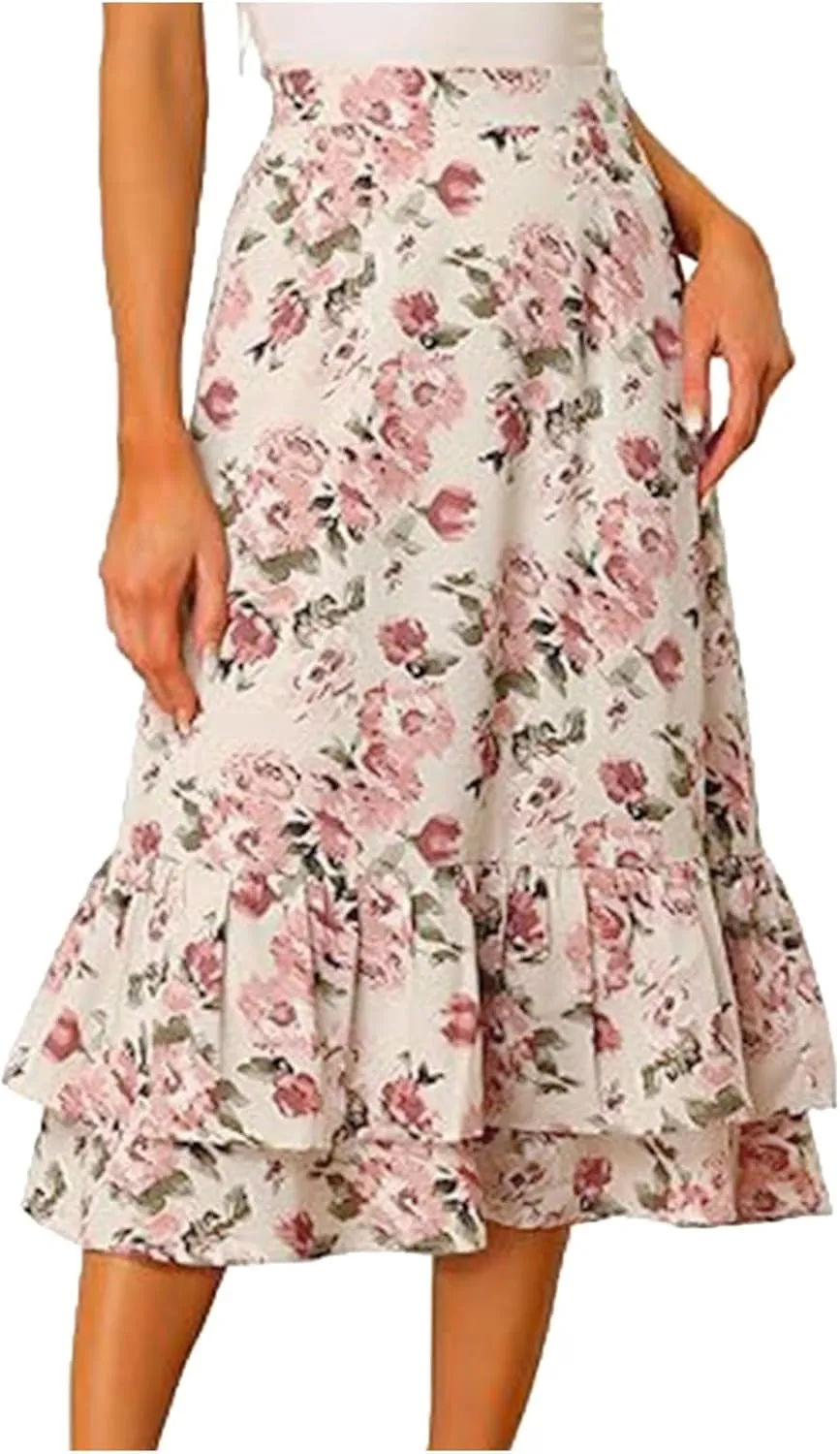 Women Midi Skirt Summer Floral Flowy Long Skirts Boho Elastic High Waist A-Line Swing Skirts Beach Vacation Dress
