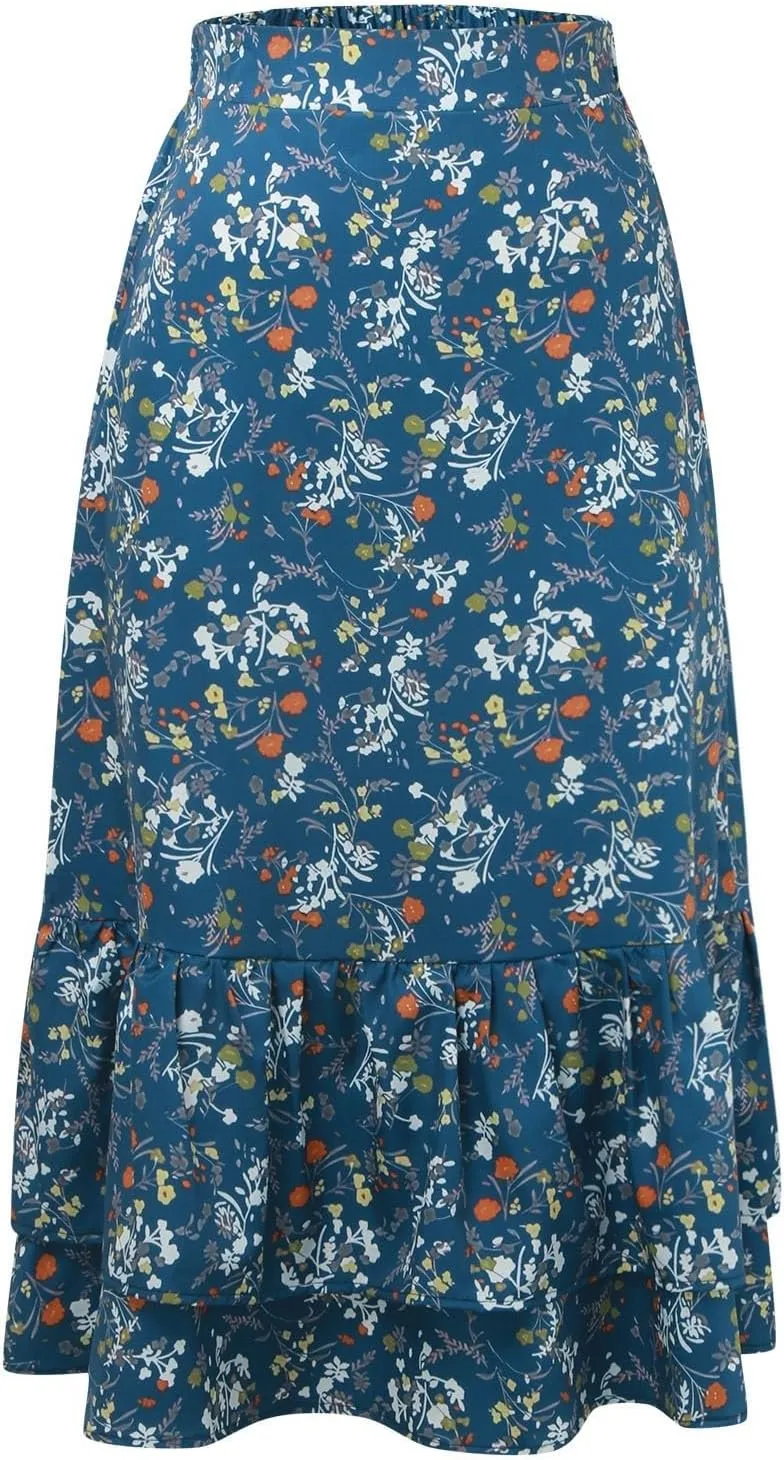 Women Midi Skirt Summer Floral Flowy Long Skirts Boho Elastic High Waist A-Line Swing Skirts Beach Vacation Dress