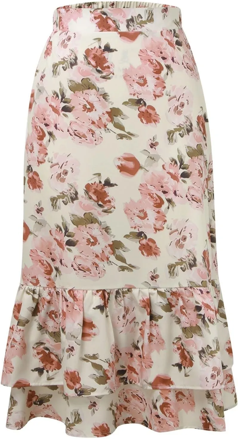 Women Midi Skirt Summer Floral Flowy Long Skirts Boho Elastic High Waist A-Line Swing Skirts Beach Vacation Dress