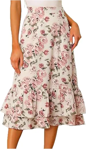 Women Midi Skirt Summer Floral Flowy Long Skirts Boho Elastic High Waist A-Line Swing Skirts Beach Vacation Dress