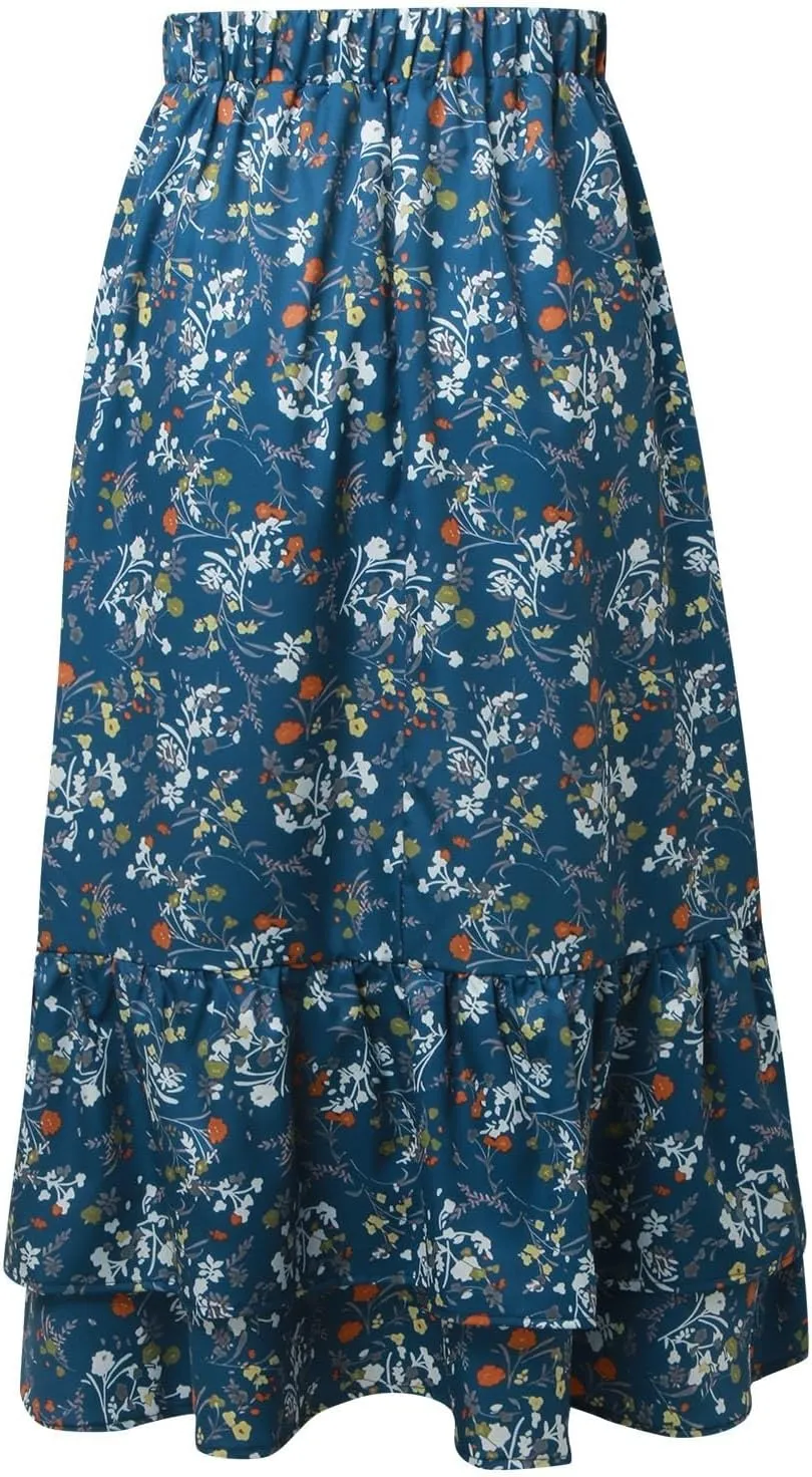 Women Midi Skirt Summer Floral Flowy Long Skirts Boho Elastic High Waist A-Line Swing Skirts Beach Vacation Dress