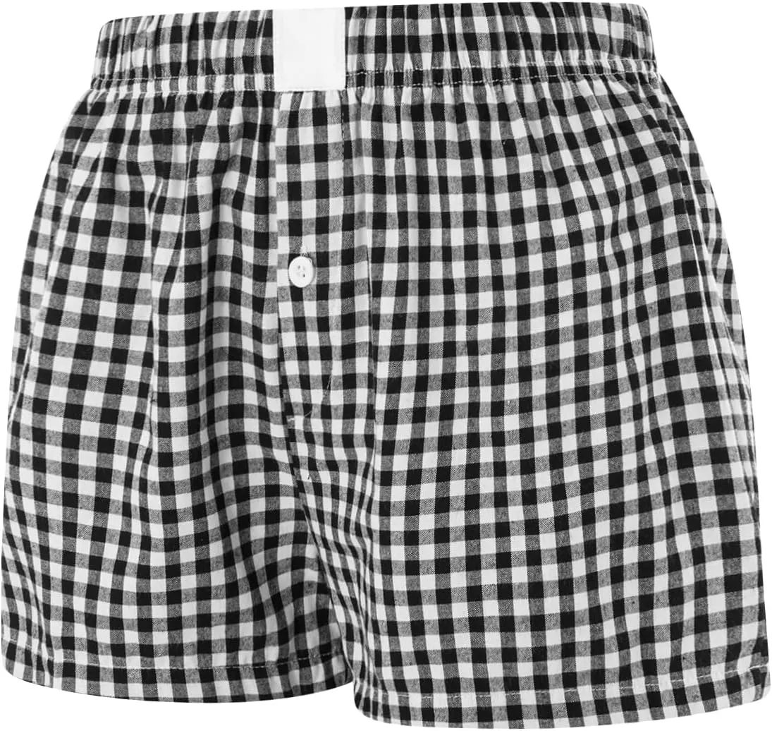 Women Pajamas Shorts Micro Boxer Shorts Y2K Cute Gingham Sleep Lounge Shorts Checkered Plaid Button Pj Mini Shorts