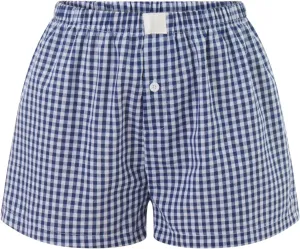Women Pajamas Shorts Micro Boxer Shorts Y2K Cute Gingham Sleep Lounge Shorts Checkered Plaid Button Pj Mini Shorts