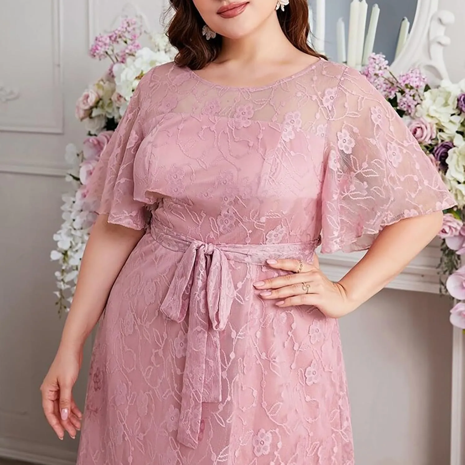 Women Plus Size Lace Cocktail Dresses Summer Wrap Round Neck Short Sleeve Flowy A Line Wedding Guest Midi Dress