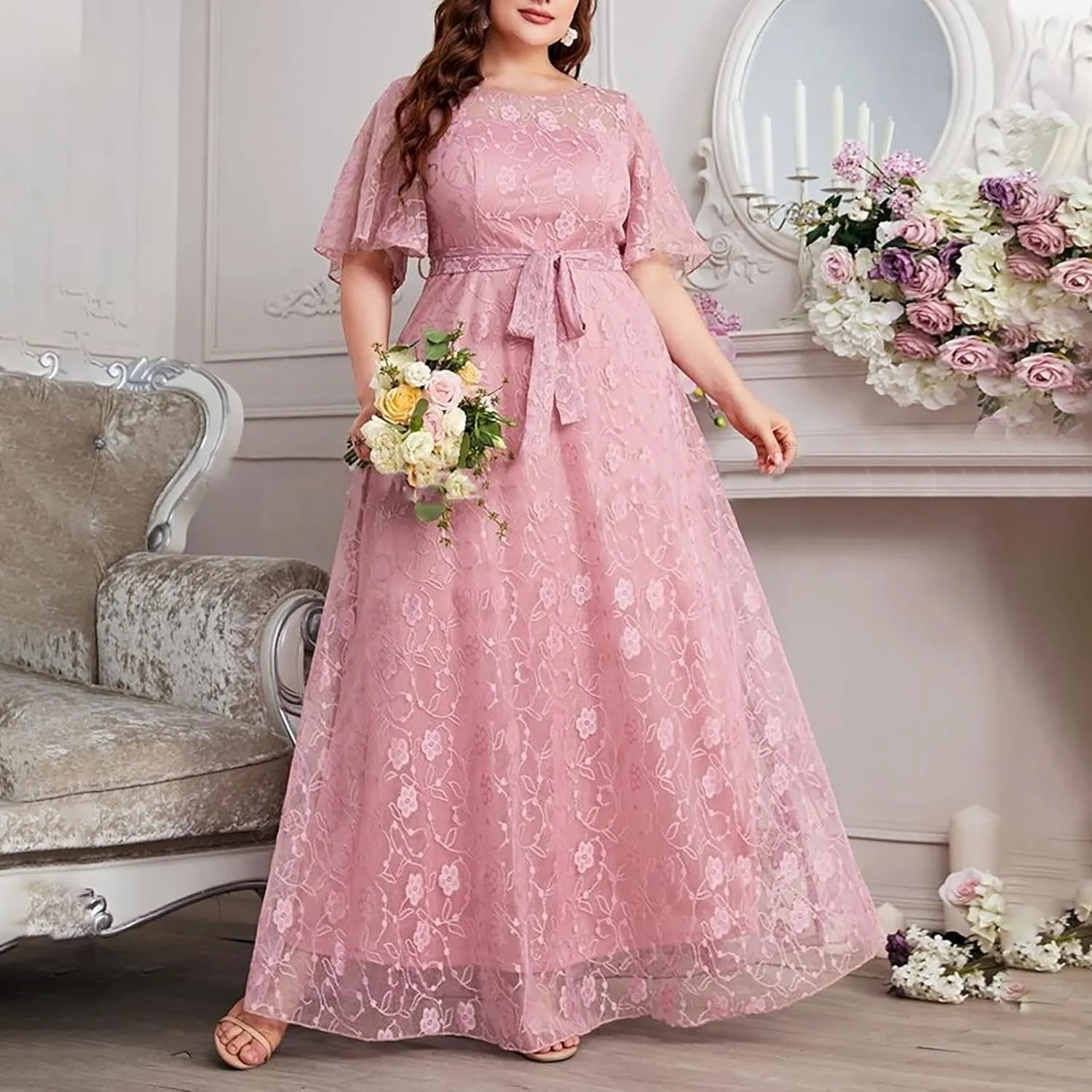 Women Plus Size Lace Cocktail Dresses Summer Wrap Round Neck Short Sleeve Flowy A Line Wedding Guest Midi Dress