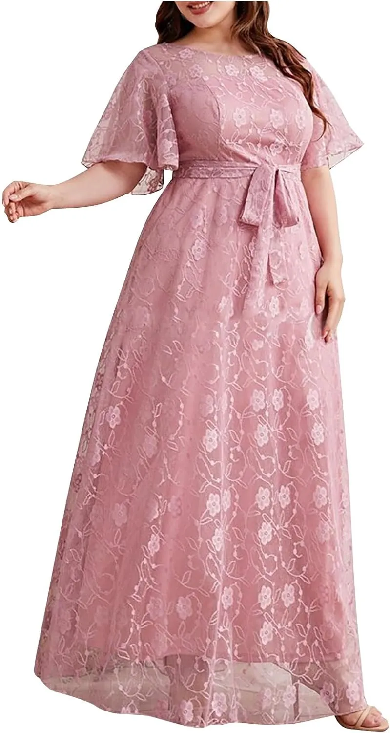 Women Plus Size Lace Cocktail Dresses Summer Wrap Round Neck Short Sleeve Flowy A Line Wedding Guest Midi Dress