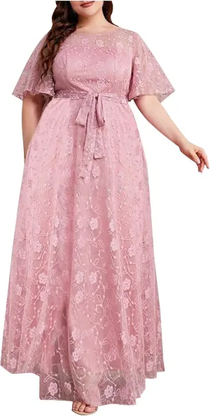 Women Plus Size Lace Cocktail Dresses Summer Wrap Round Neck Short Sleeve Flowy A Line Wedding Guest Midi Dress