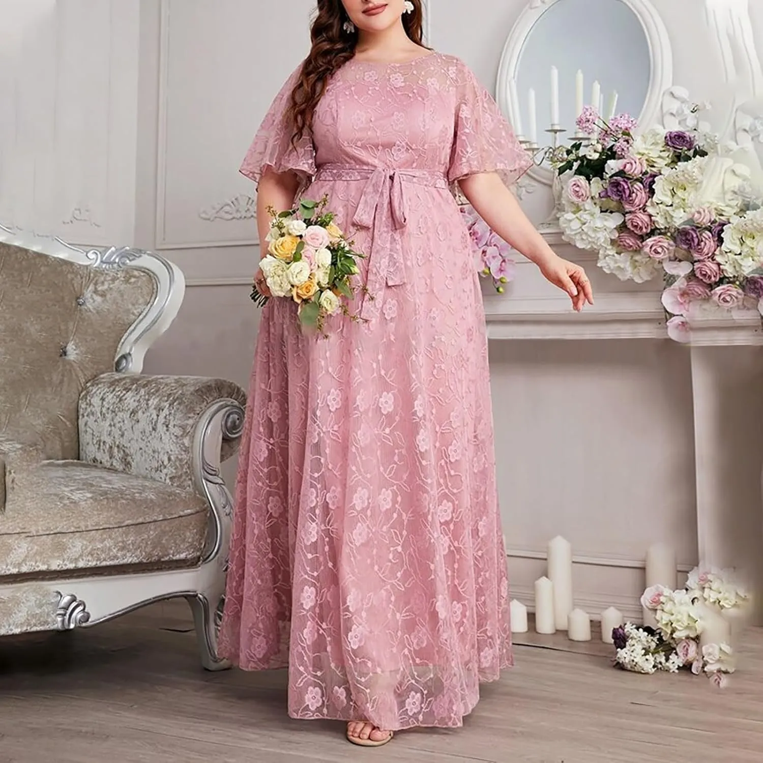 Women Plus Size Lace Cocktail Dresses Summer Wrap Round Neck Short Sleeve Flowy A Line Wedding Guest Midi Dress