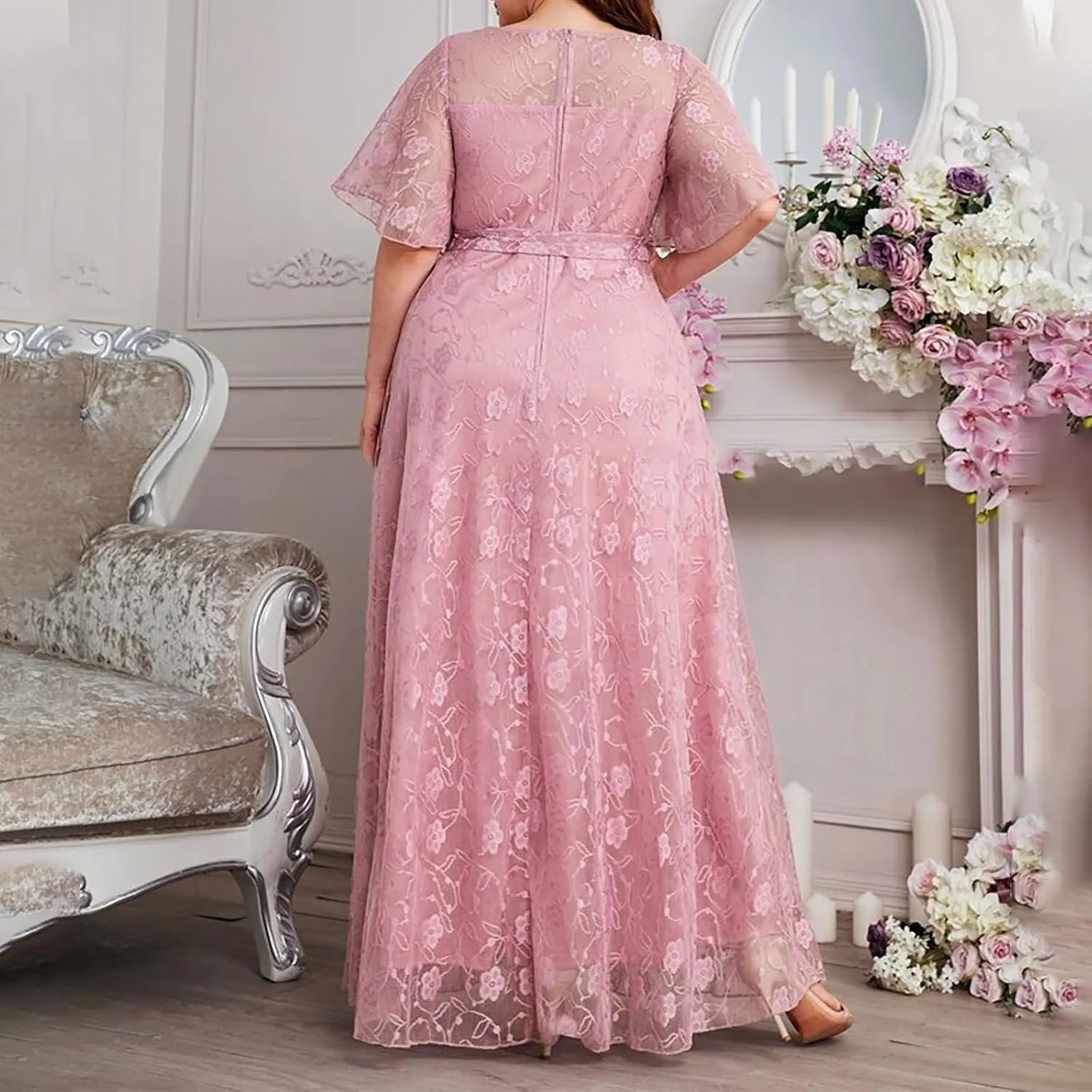 Women Plus Size Lace Cocktail Dresses Summer Wrap Round Neck Short Sleeve Flowy A Line Wedding Guest Midi Dress