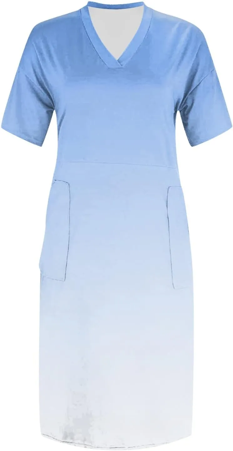 Women Plus Size Short Sleeve Dress Summer Casual Midi Tshirt Dresses V Neck Trendy Loose Sundresses with Pockets