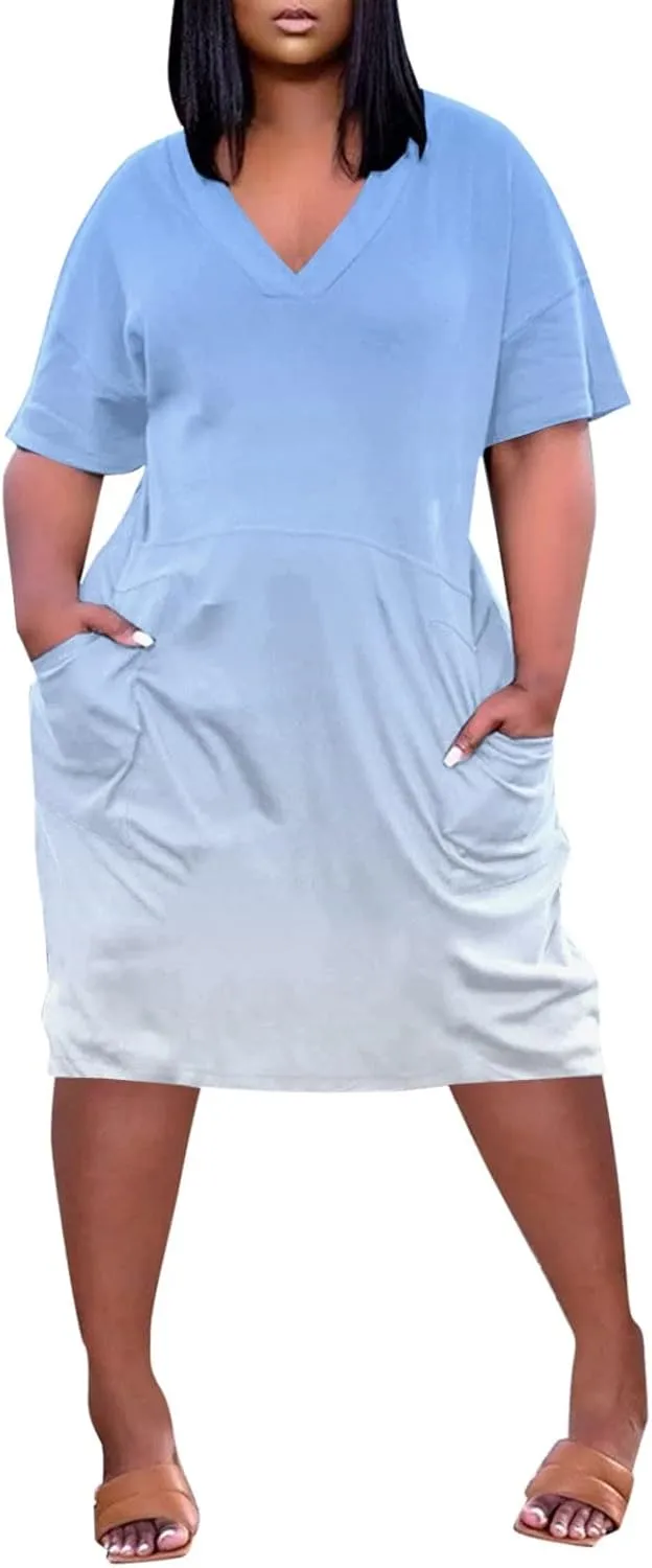 Women Plus Size Short Sleeve Dress Summer Casual Midi Tshirt Dresses V Neck Trendy Loose Sundresses with Pockets