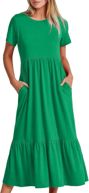 Women Short Sleeve Midi Dresses Summer Casual Dress Ruffle Swing Flowy Sundress Mid Calf T Shirt with Pocket