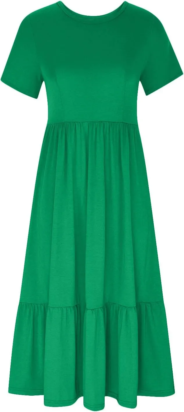 Women Short Sleeve Midi Dresses Summer Casual Dress Ruffle Swing Flowy Sundress Mid Calf T Shirt with Pocket
