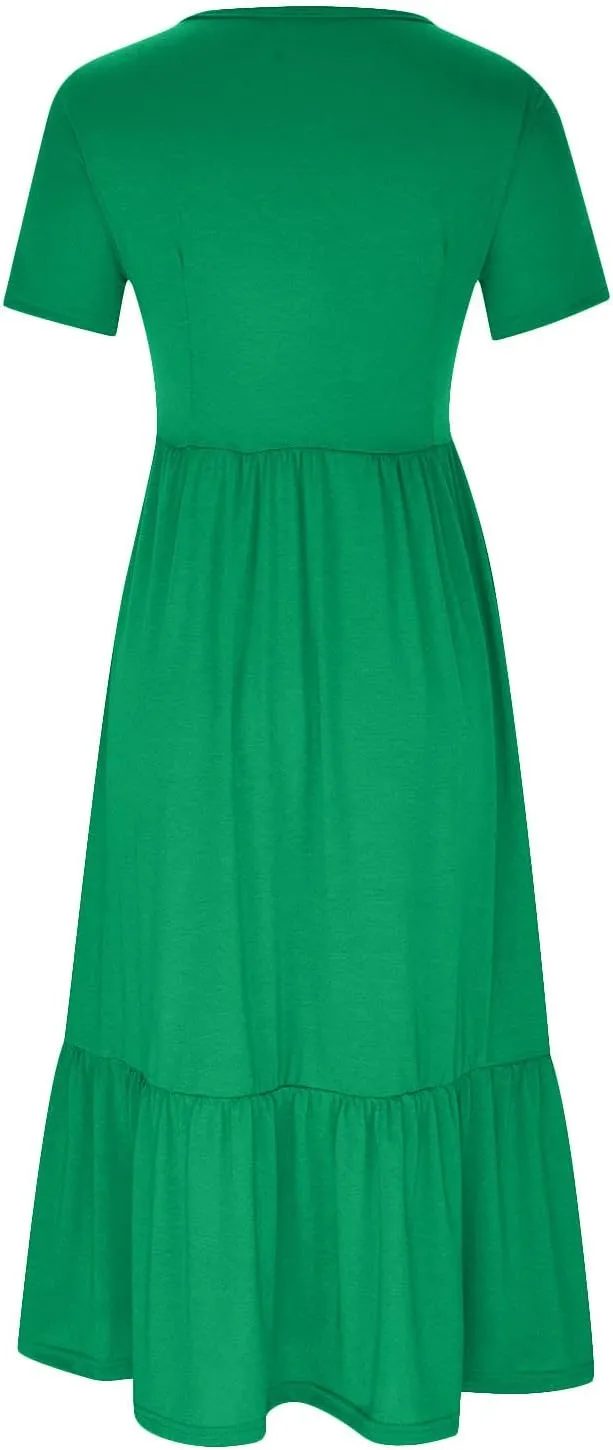 Women Short Sleeve Midi Dresses Summer Casual Dress Ruffle Swing Flowy Sundress Mid Calf T Shirt with Pocket