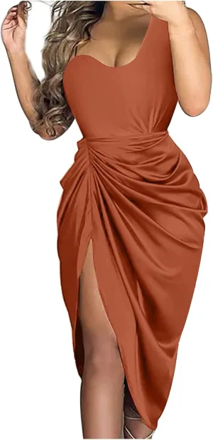 Women Spring Fashion, Women's Solid Color Sexy Sequin Slit Maxi Smocked One Shoulder Evening Dress
