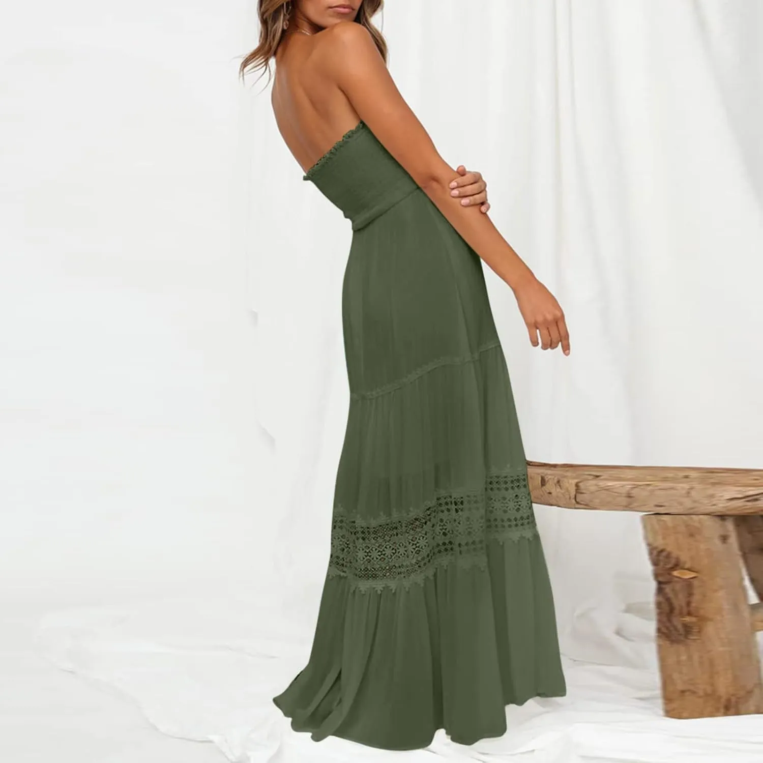 Women Strapless Boho Summer Maxi Dresses Backless Off Shoulder Lace Trim Flowy Swing Casual Long Dress Beach Sundress
