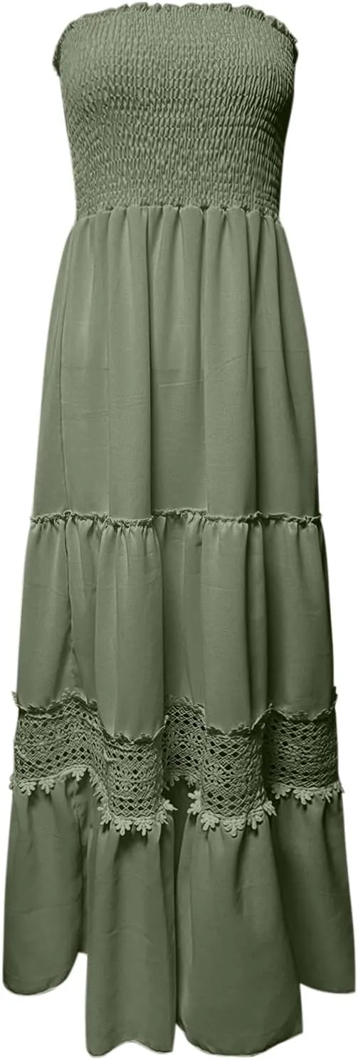 Women Strapless Boho Summer Maxi Dresses Backless Off Shoulder Lace Trim Flowy Swing Casual Long Dress Beach Sundress