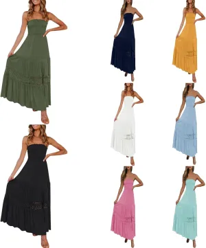 Women Strapless Boho Summer Maxi Dresses Backless Off Shoulder Lace Trim Flowy Swing Casual Long Dress Beach Sundress