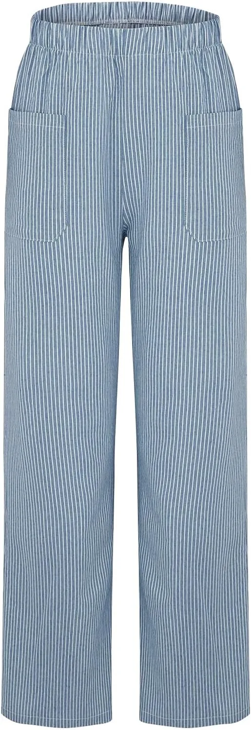 Women Striped Print Elastic High Waist Pocket Front Wide Leg Pants Pleated Front Lounge Beach Travel Vacation Clothes