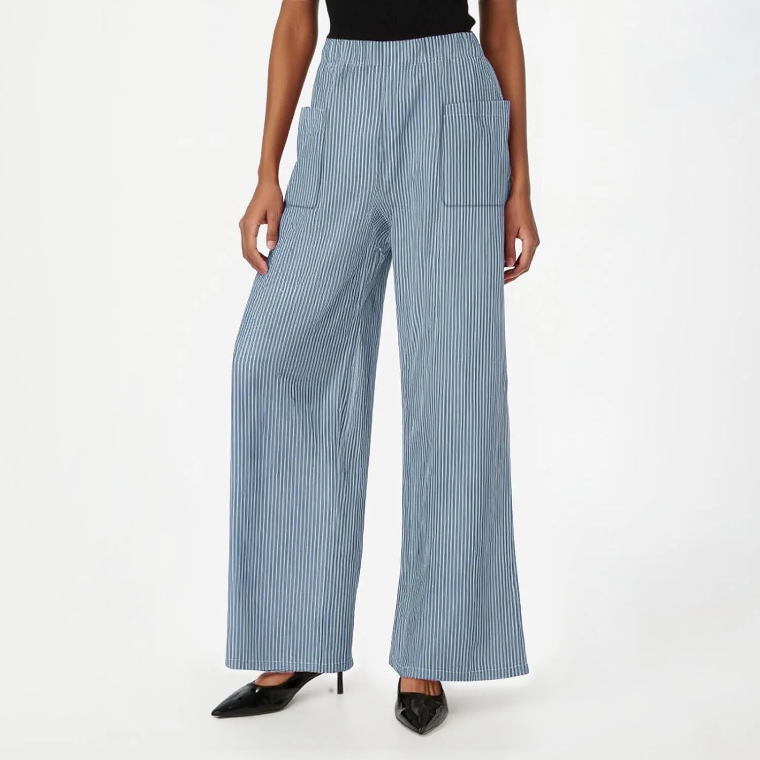 Women Striped Print Elastic High Waist Pocket Front Wide Leg Pants Pleated Front Lounge Beach Travel Vacation Clothes