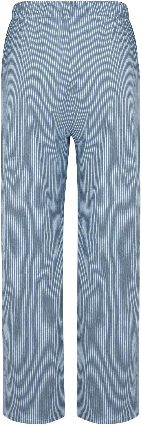 Women Striped Print Elastic High Waist Pocket Front Wide Leg Pants Pleated Front Lounge Beach Travel Vacation Clothes