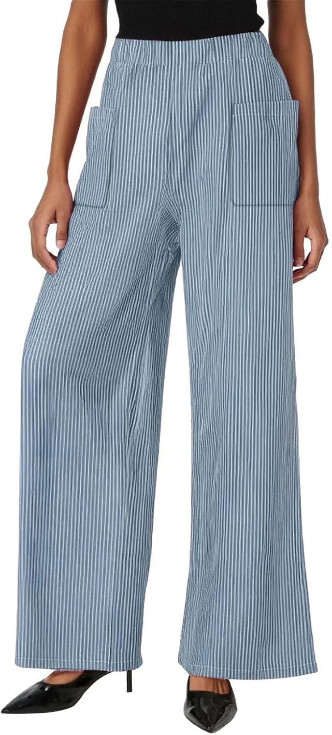 Women Striped Print Elastic High Waist Pocket Front Wide Leg Pants Pleated Front Lounge Beach Travel Vacation Clothes