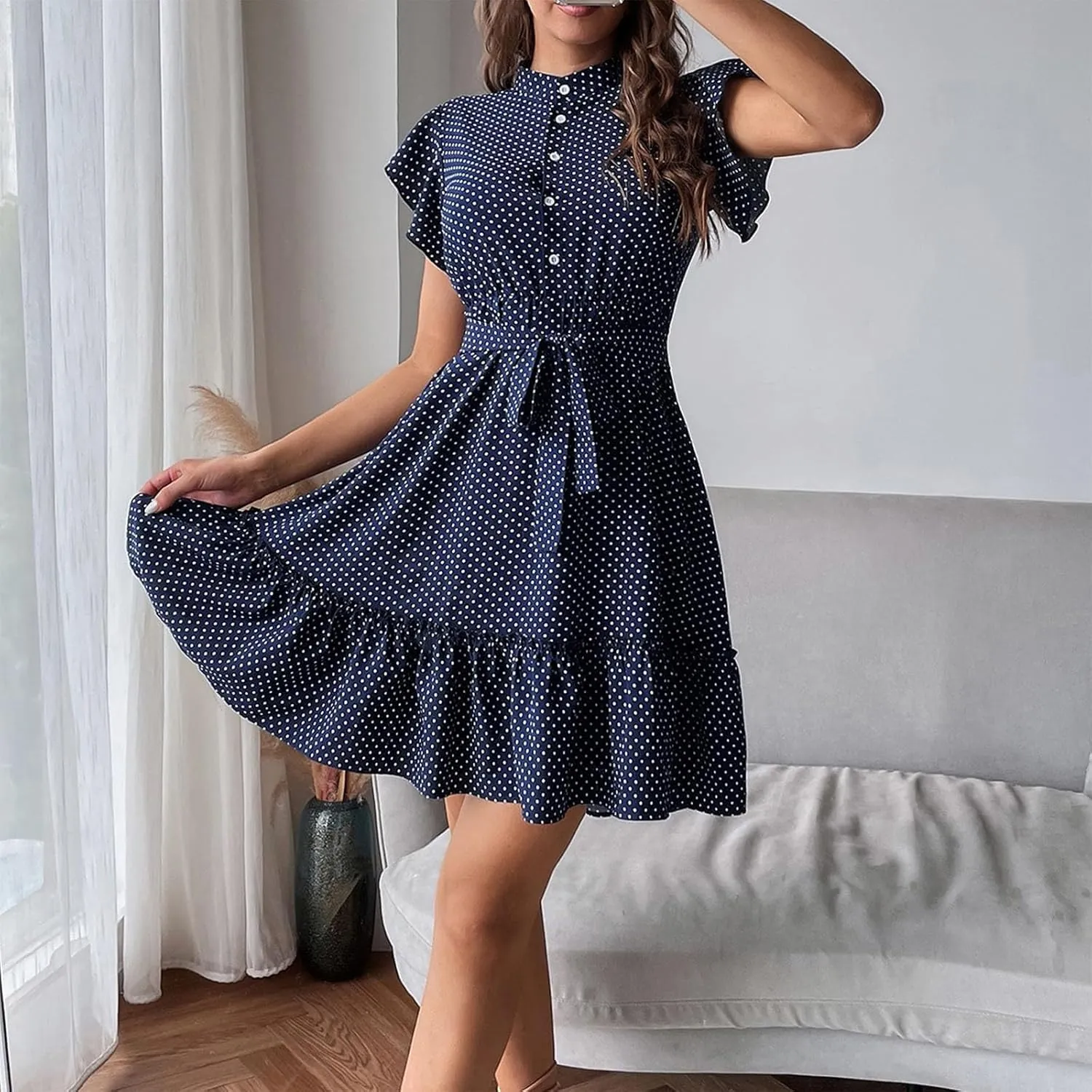 Women Summer Boho Mini Dresses Stand Collar Ruffle Sleeve Button Swing Hem Flowy Elegant A Line Dress with Belt