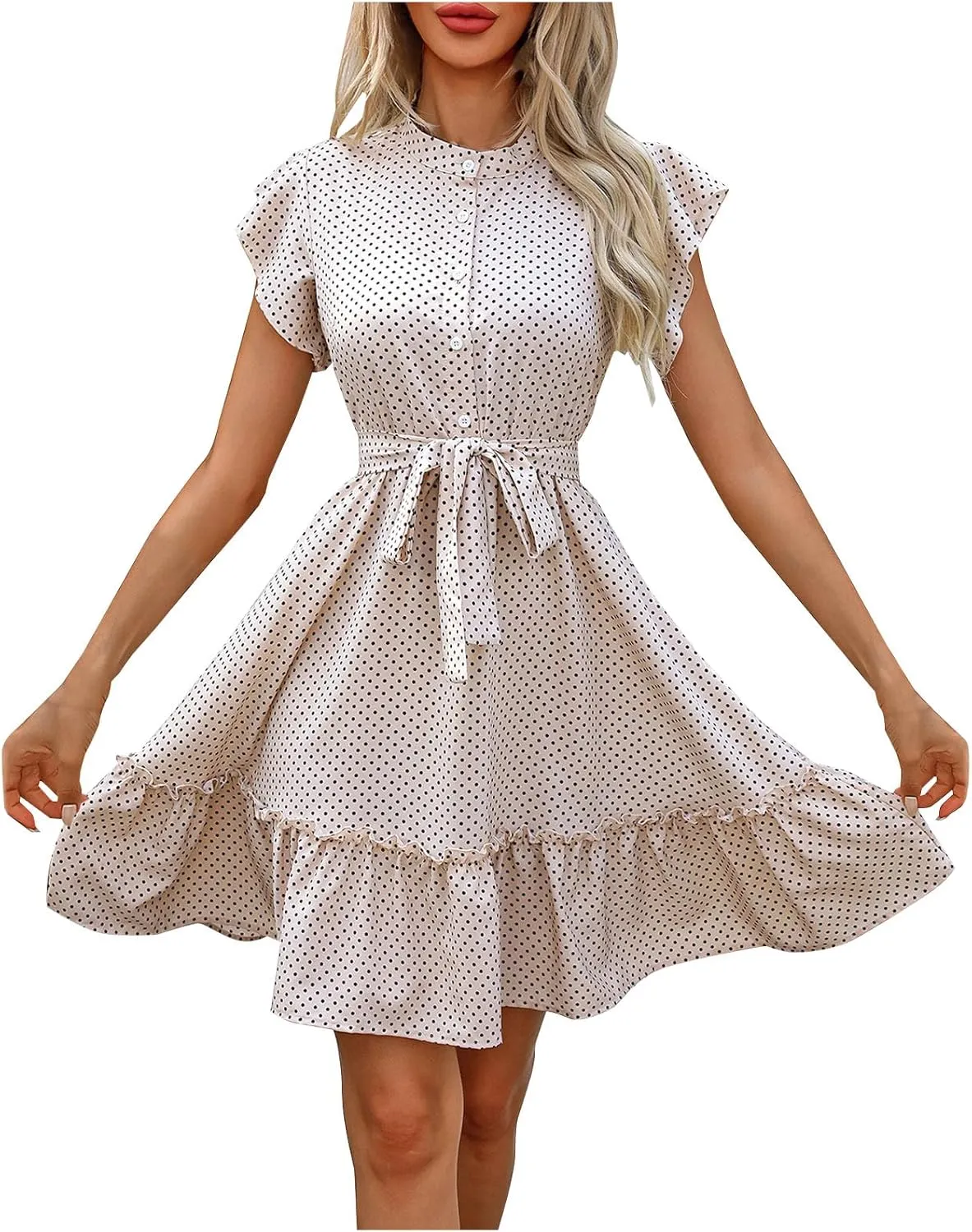 Women Summer Boho Mini Dresses Stand Collar Ruffle Sleeve Button Swing Hem Flowy Elegant A Line Dress with Belt