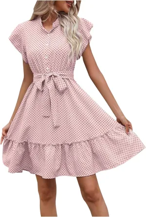 Women Summer Boho Mini Dresses Stand Collar Ruffle Sleeve Button Swing Hem Flowy Elegant A Line Dress with Belt
