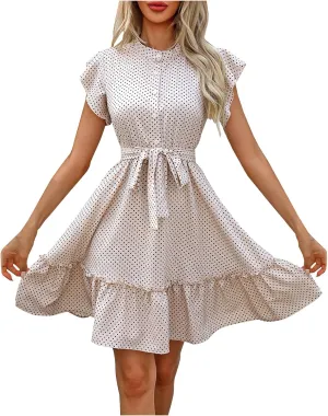 Women Summer Boho Mini Dresses Stand Collar Ruffle Sleeve Button Swing Hem Flowy Elegant A Line Dress with Belt