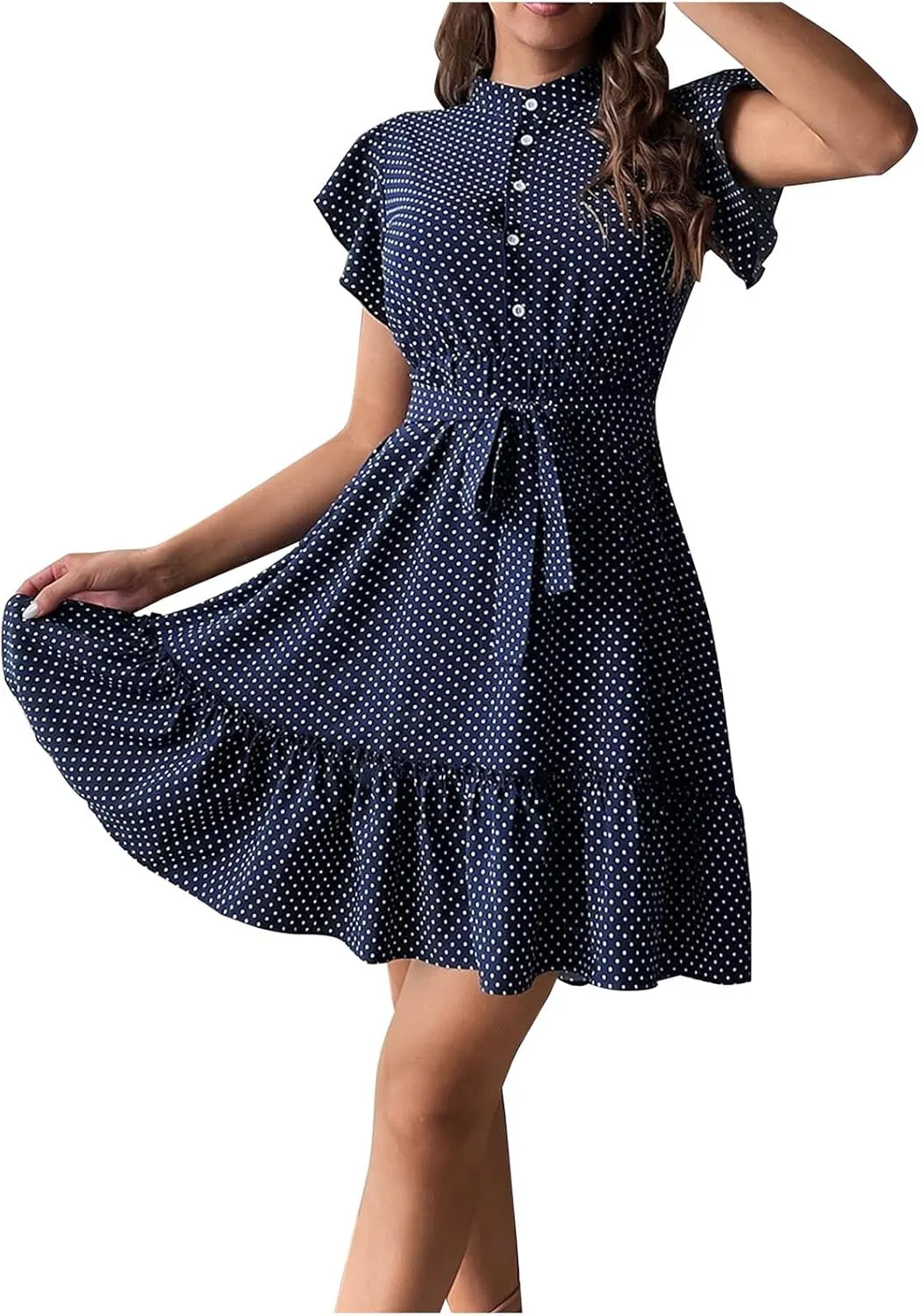 Women Summer Boho Mini Dresses Stand Collar Ruffle Sleeve Button Swing Hem Flowy Elegant A Line Dress with Belt