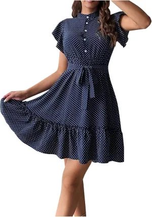 Women Summer Boho Mini Dresses Stand Collar Ruffle Sleeve Button Swing Hem Flowy Elegant A Line Dress with Belt