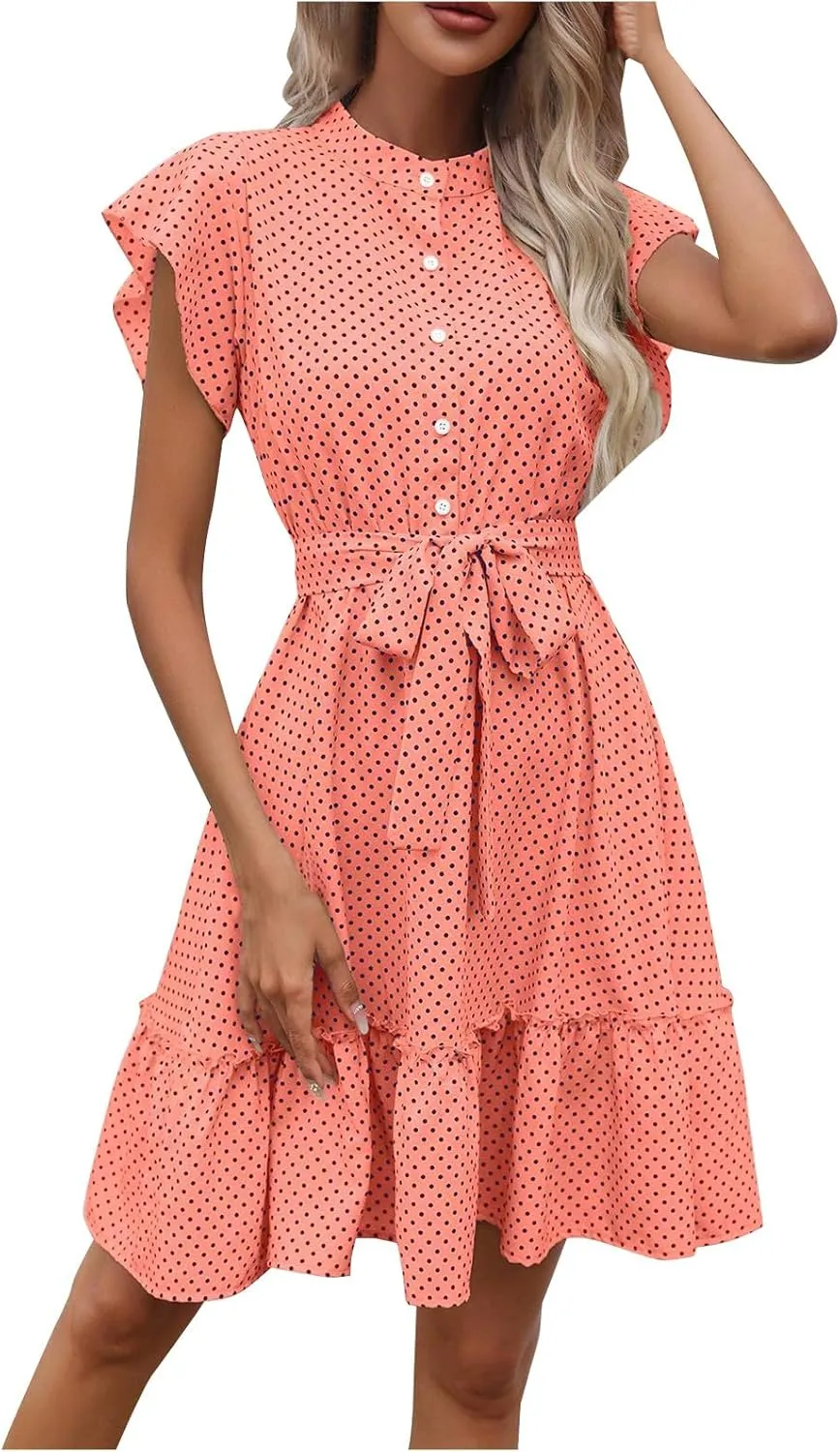 Women Summer Boho Mini Dresses Stand Collar Ruffle Sleeve Button Swing Hem Flowy Elegant A Line Dress with Belt